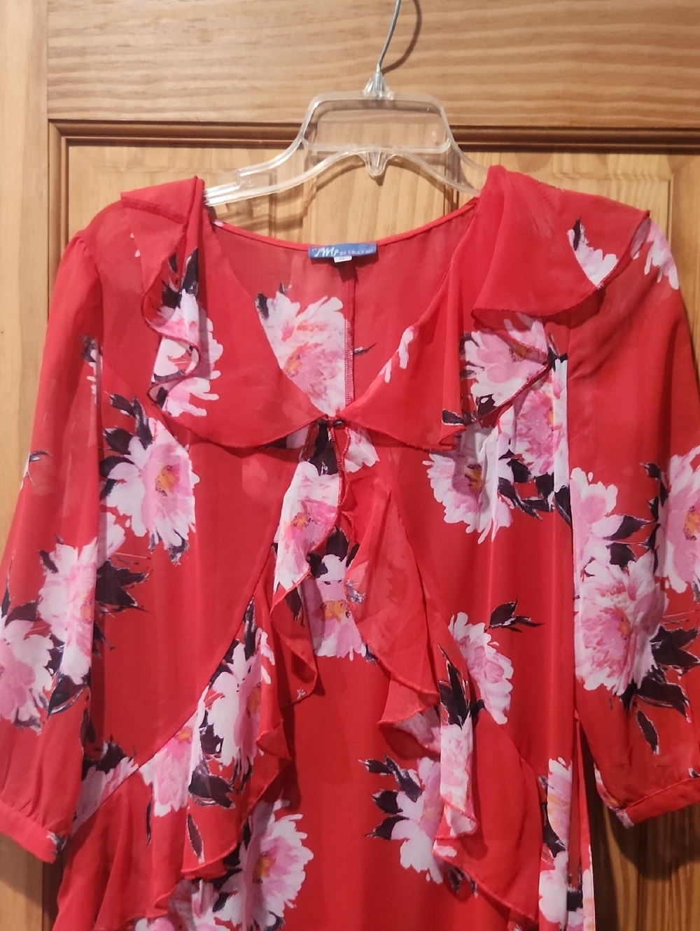 JM Collection Red Floral Ruffle Blouse with Pink Blossoms